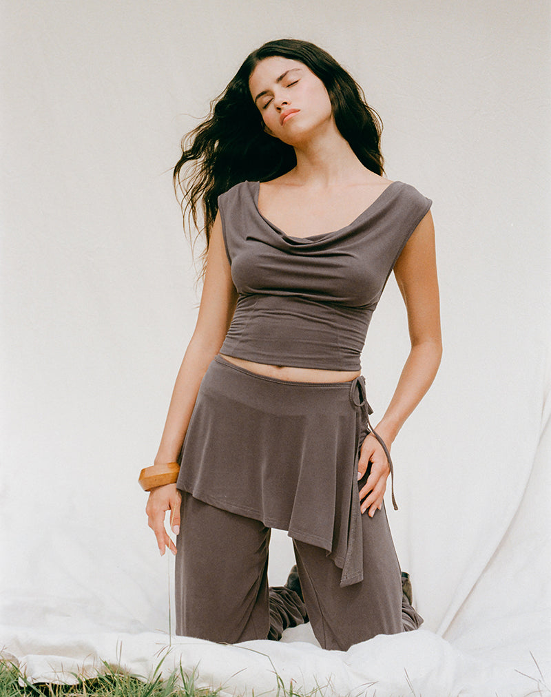 Image of Wiyana Cowl Neck Top in Cupro Dark Brown