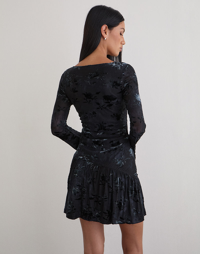 Image of Anyeli Mini Dress in Leaf Velvet Dark Blue