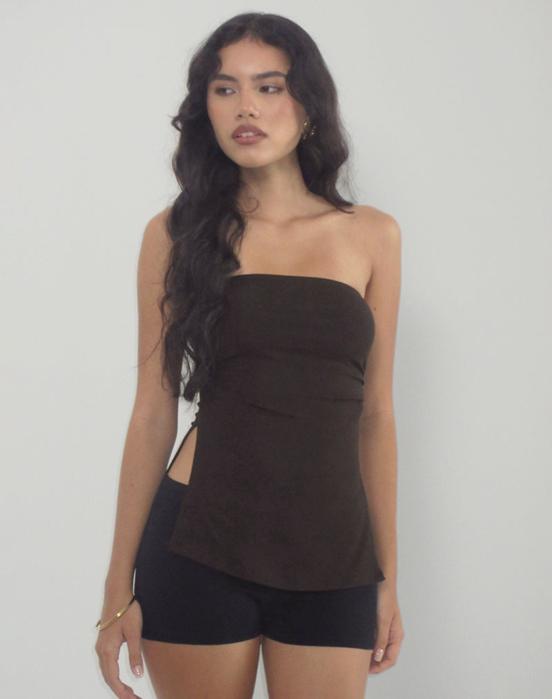 Image of Aravie Ruched Bandeau Top in Chocolate Brown