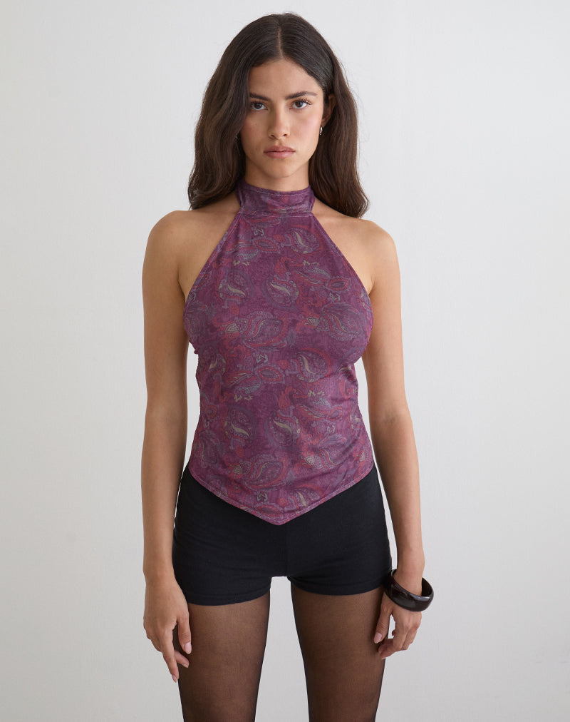 Image of Ares Halterneck Top in Purple Regal Paisley