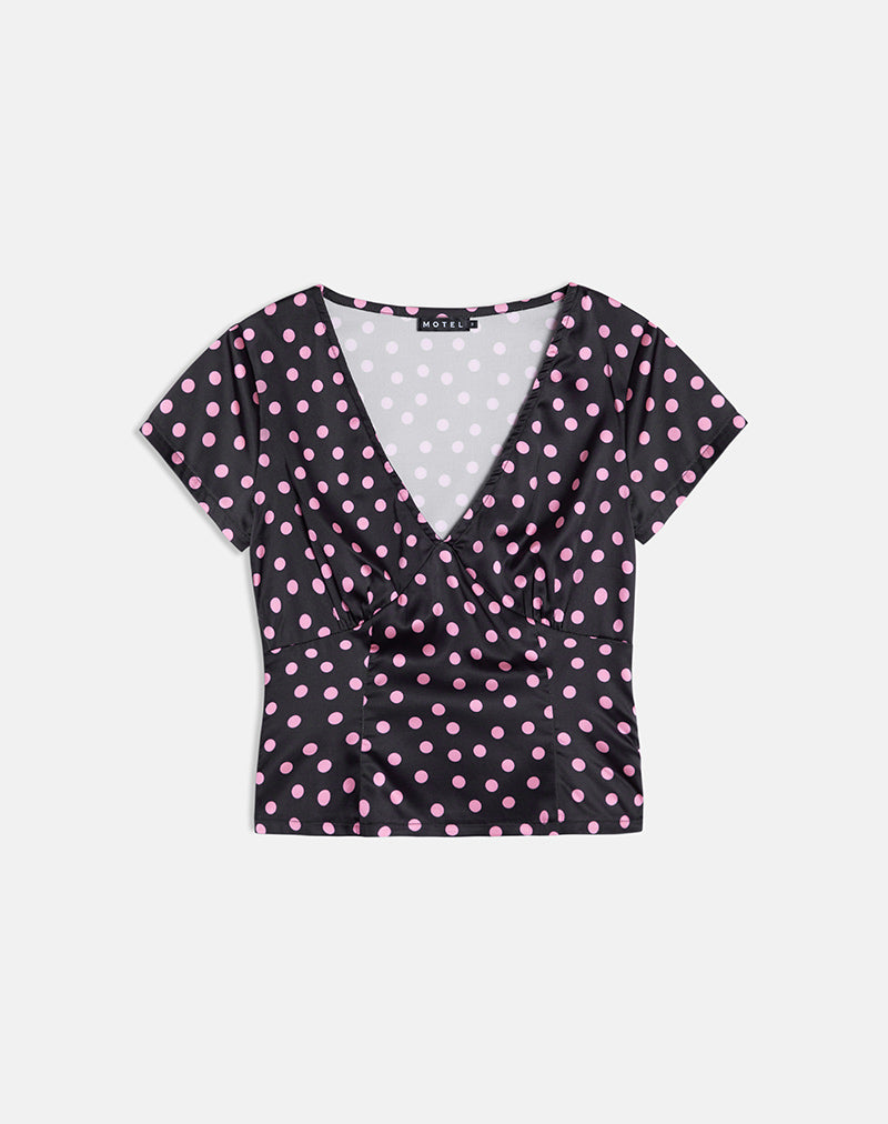 Image of Asena Top in Black Satin Scattered with Pink Polka