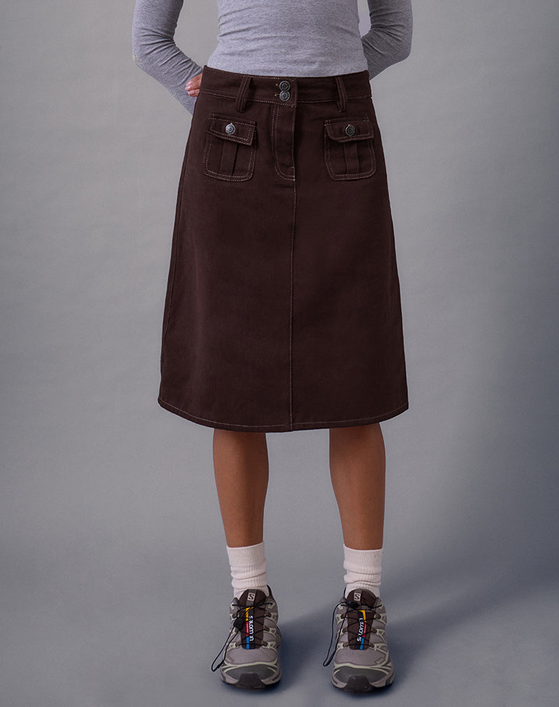 Image of Astor Midi Skirt in Brown with Contrast Stitch