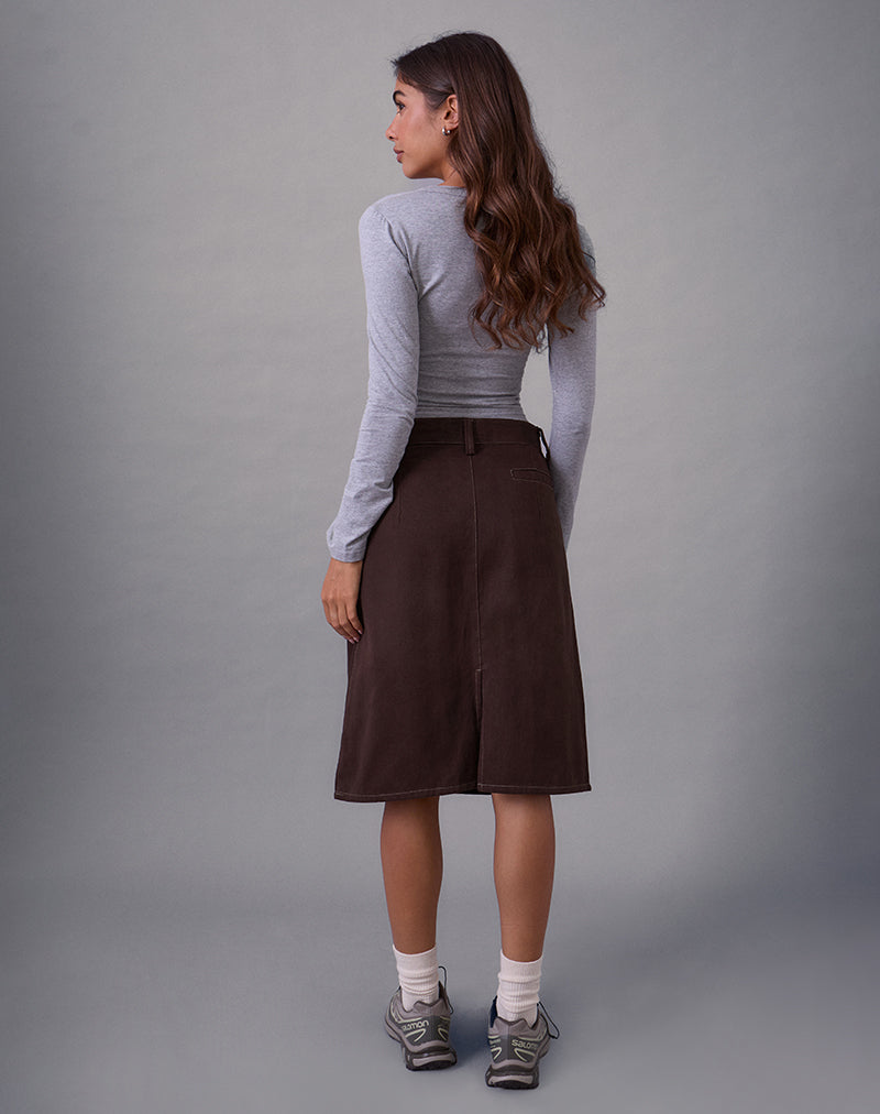 Image of Astor Midi Skirt in Brown with Contrast Stitch