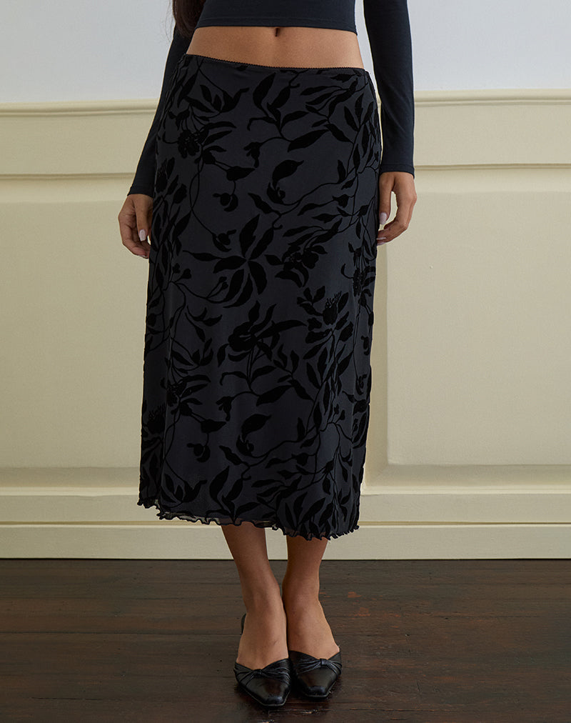 Image of Atira Midi Skirt in Flock Leaf Flower Black