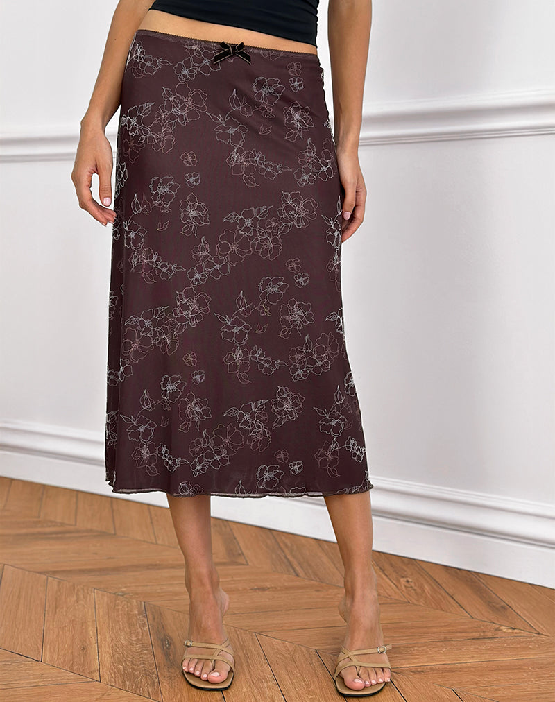 Image of Atira Midi Skirt in Doodle Flower Flock Brown