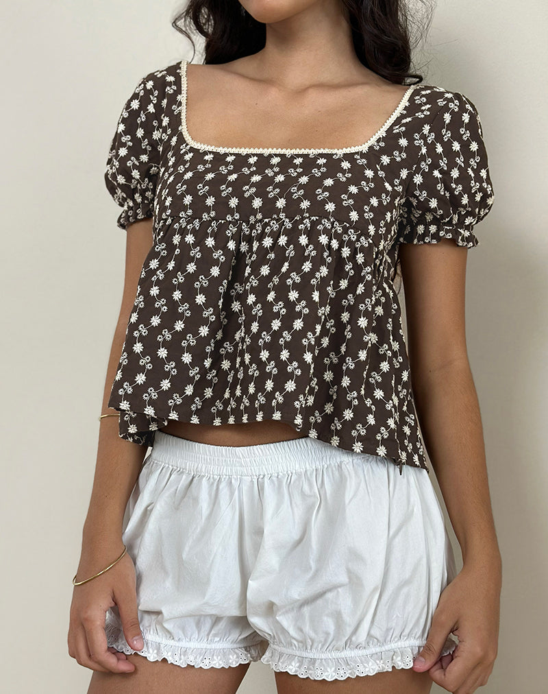 Image of Axoni Square Neck Blouse in Floral Broderie Brown