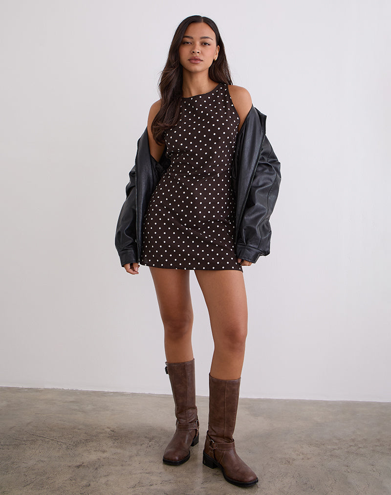 Image of Ayana Open Back Mini Dress in Medium Polka Brown