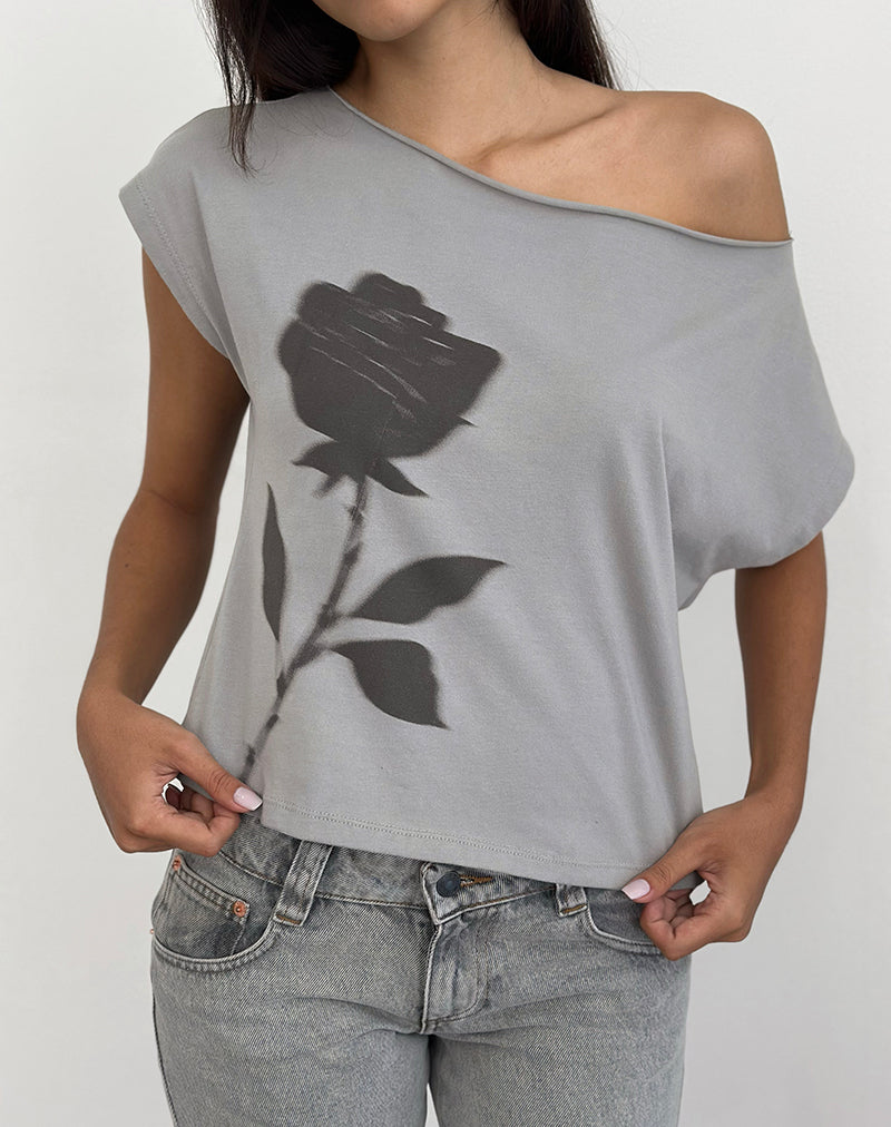 Image of Balia Asymmetric Short Sleeve Basic Top in Grey with Blurred Rose Print