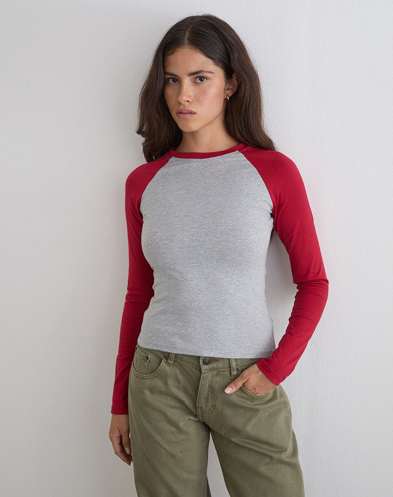 Image of Balqis Long Sleeve Top in Grey Marl Adrenaline Red Combination