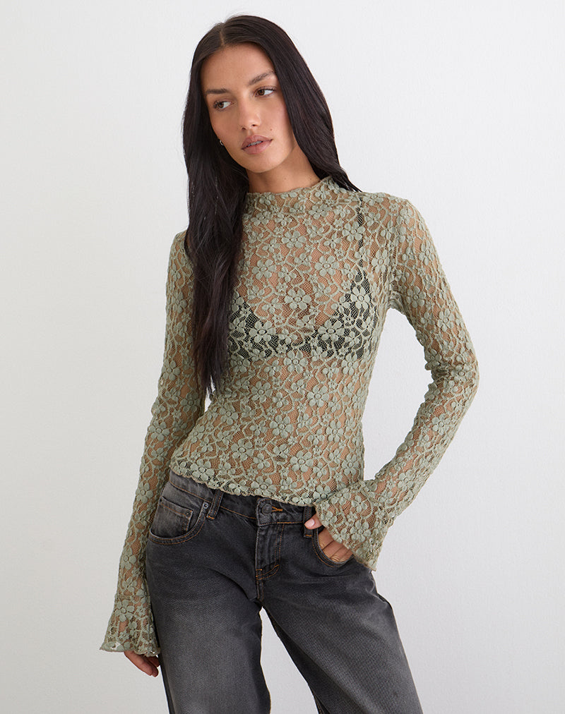 Image of Beerus Long Sleeve Mock Neck Top in Lace Sage Green