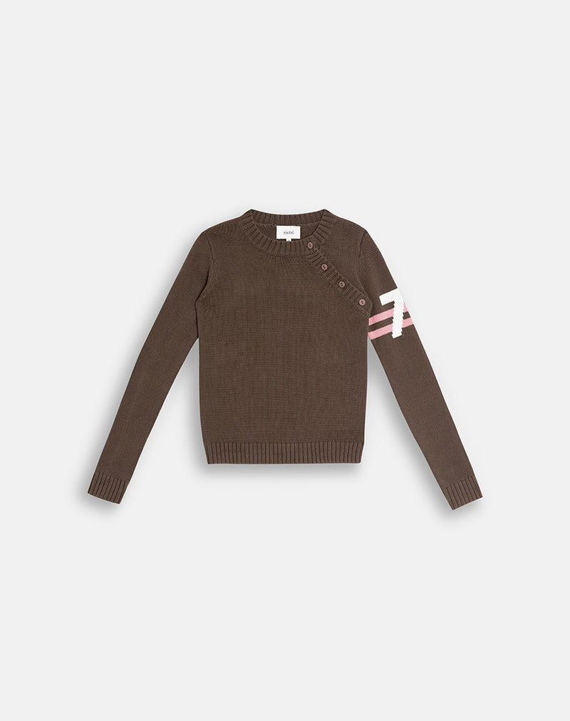 Image of Belani Jumper in Knit Brown and Duo Stripe Pink with "7" Motif