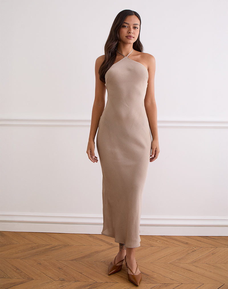 Image of Belara Maxi Dress in Satin Stripe Taupe