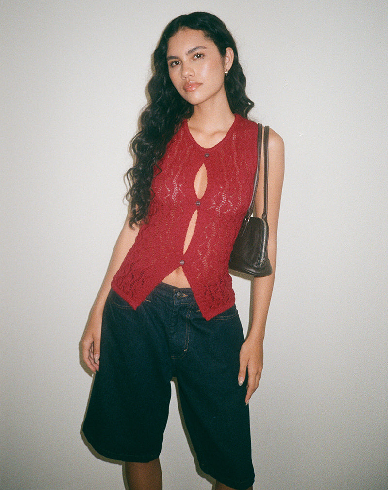 Image of Birama Button Tank Top in Knit Red