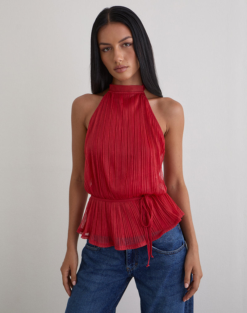 Image of Brienne Top in Shimmer Plisse Red
