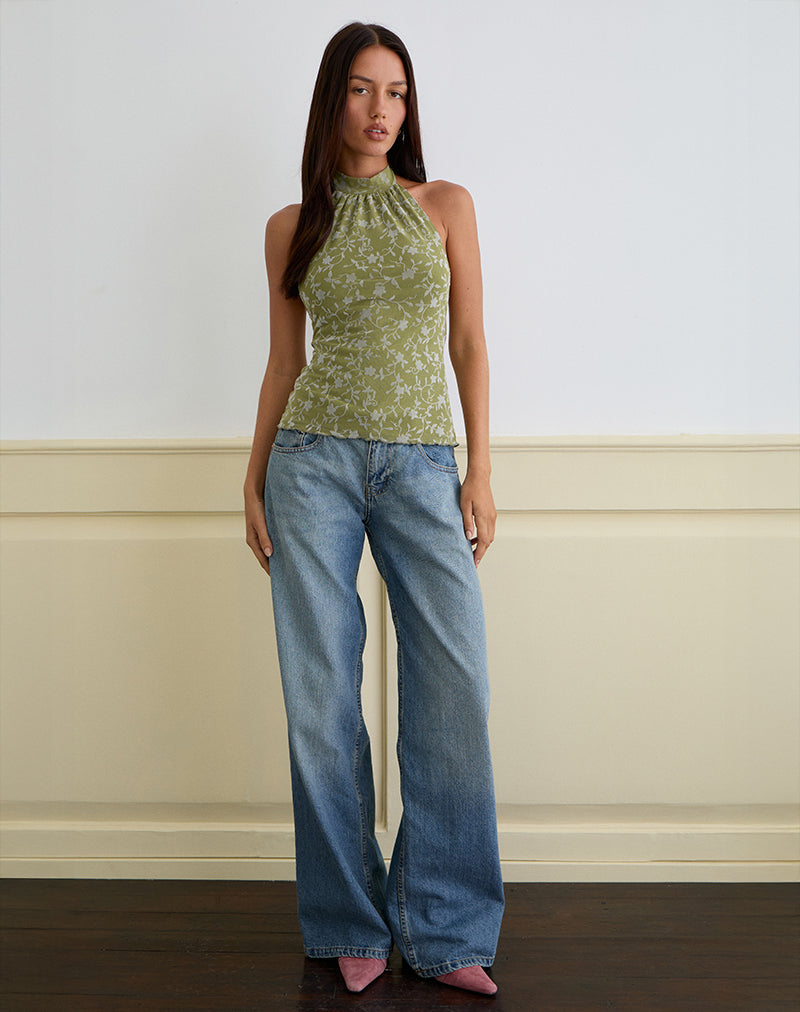 Image of Burkie Halterneck Top in Pretty Petal Flock Olive