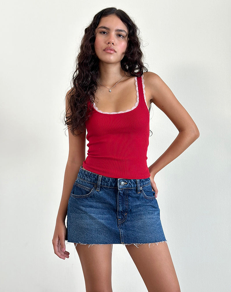 Image of Cartas Top in Adrenaline Red with Pink Lace