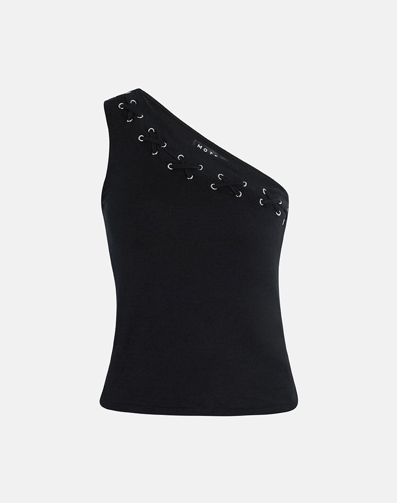 Image of Chivago Cross Lace Up One Shoulder Top in Jersey Black