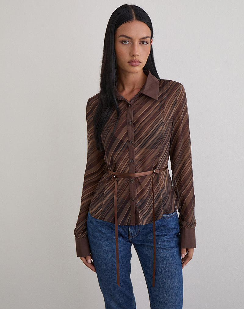 Image of Christabel Shirt in Chiffon Mix Brown Stripe