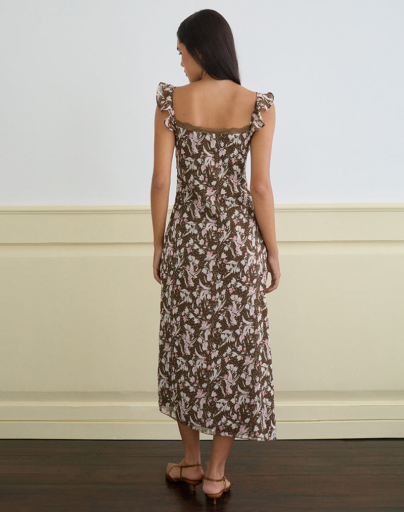 Image of Daita Midi Dress in Brown and Pink Polka Flower Chiffon