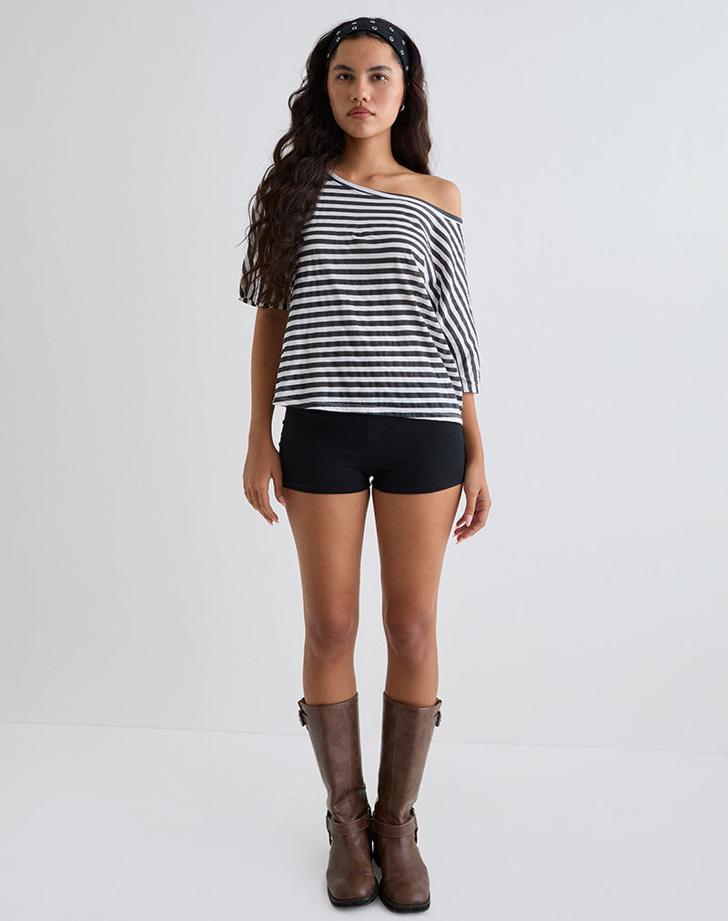 Image of Daman Off Shoulder Basic Top in Ivory with Charcoal Stripe