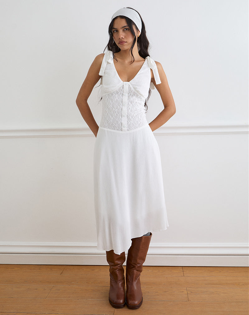 Image of Danira Midi Dress With Lace Waist in Rayon White