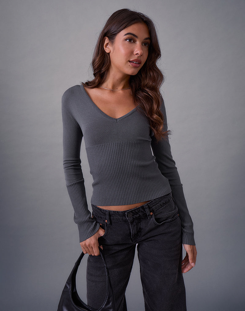 Image of Darya Long Sleeve Knit Top in Slate Grey