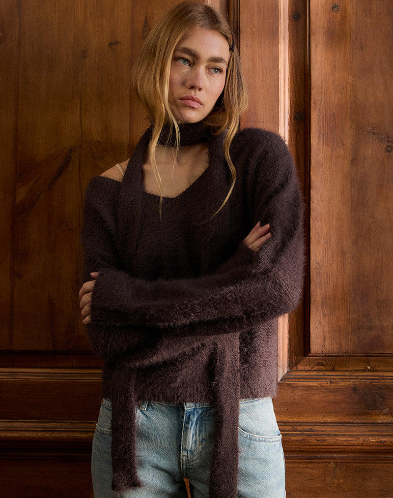 Image of Dikara Jumper with Scarf in Knit Brown