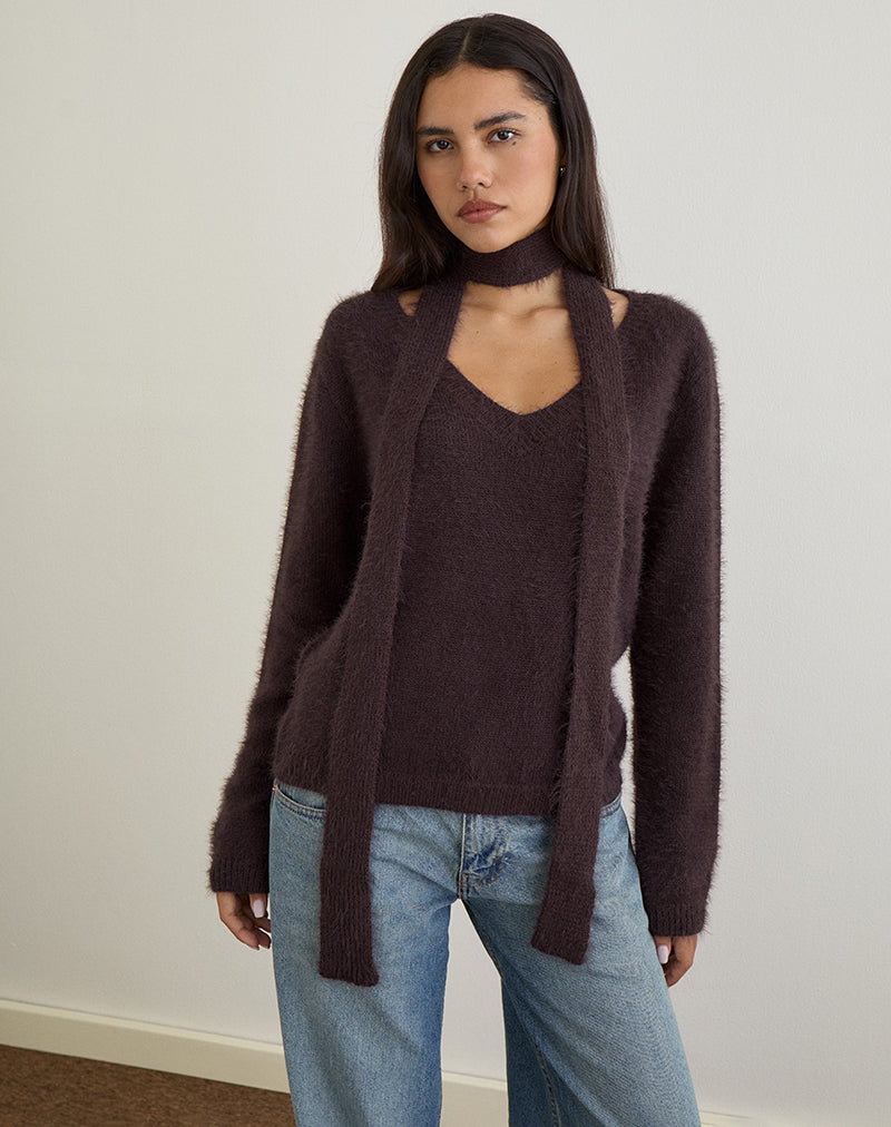Image of Dikara Jumper with Scarf in Knit Brown
