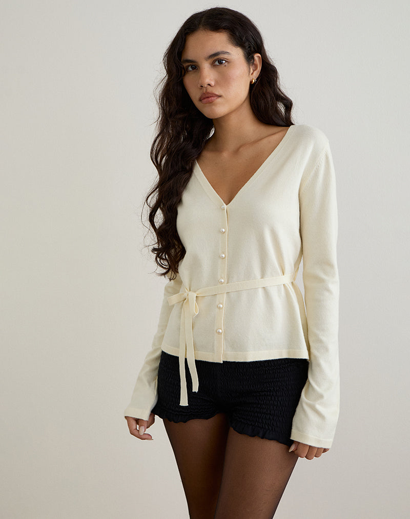 Image of Divya Cardigan with Tie in Knit Cream