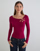 Image of Donela Long Sleeve Top with Flower Ring in Burgundy