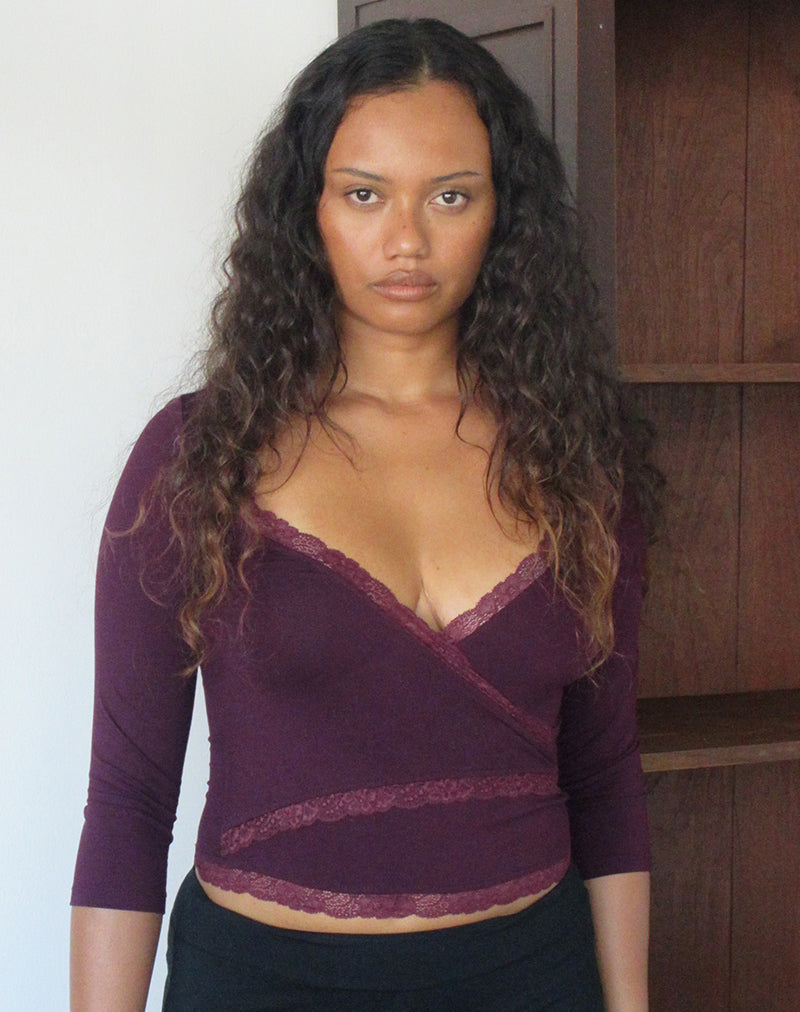 Image of Euis Quarter Sleeve Wrap Top in Fig with Lace Trim