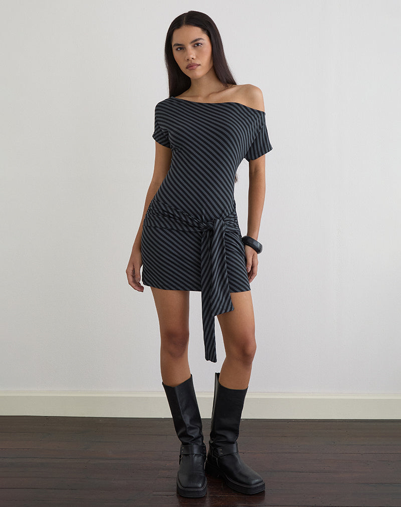 Image of Genya Mini Dress in Oblique Stripe Ocean Storm