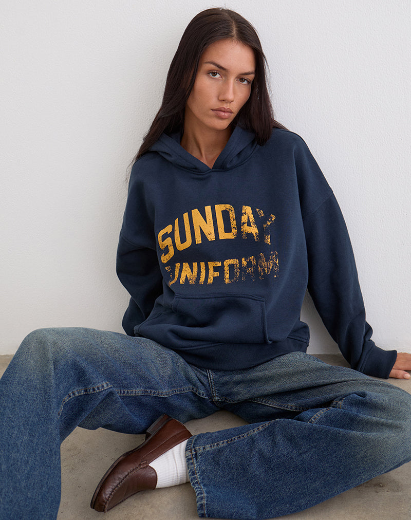 Image of Guyton Hoodie in Navy with Sunday Uniform Graphic