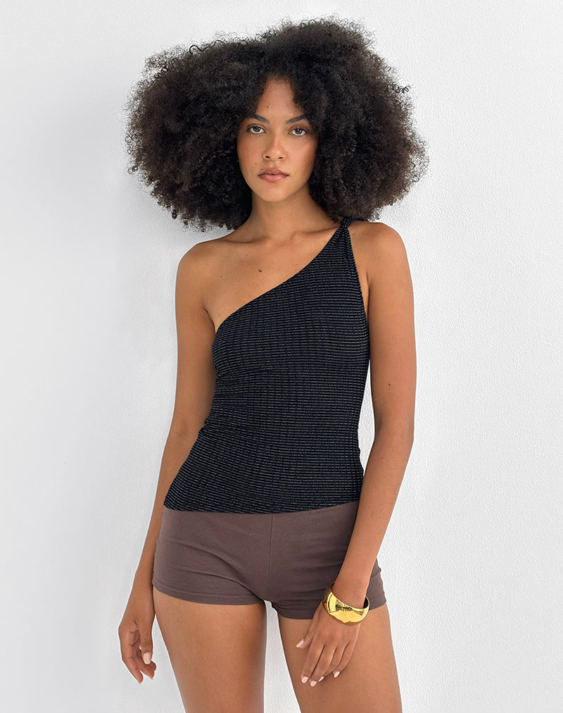 Image of Idari One Shoulder Top in Metalic Stripe Jersey Black