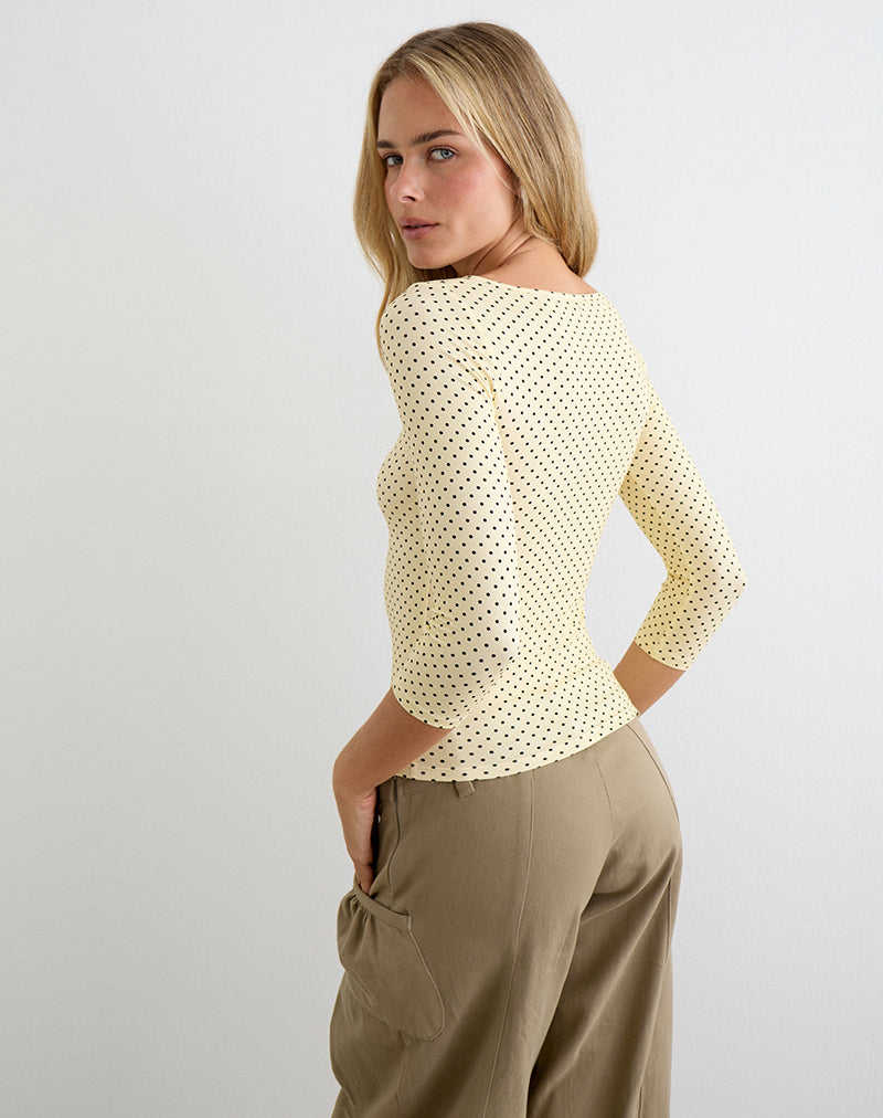 Image of Ione Quarter Sleeve Top in Butter Yellow with Micro Polka Dots