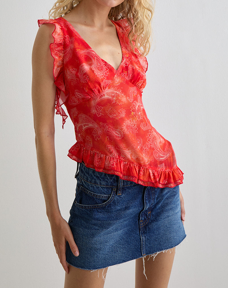 Image of Iravela Asym Top in Paisley Chiffon Red
