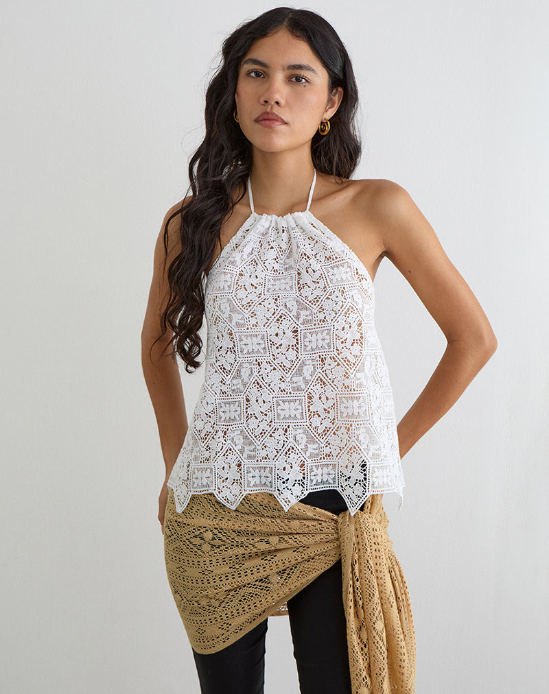 Image of Irina Halterneck Top in Woven Crochet Ivory