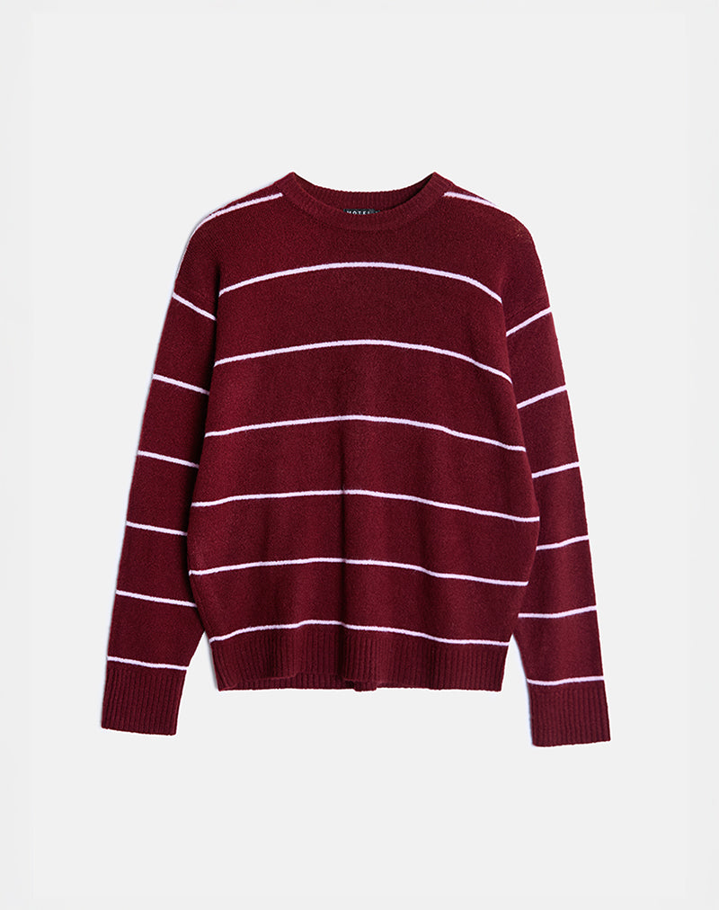 Image of Ishari Knitted Jumper in Burgundy with Pink Stripe