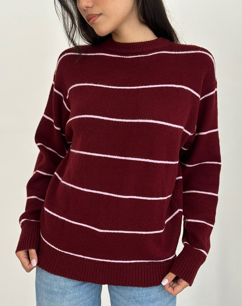 Image of Ishari Knitted Jumper in Burgundy with Pink Stripe