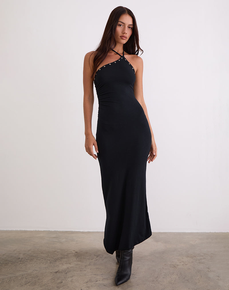 Image of Ishikawa Asymmetrical Maxi Dress with Eyelets in Black