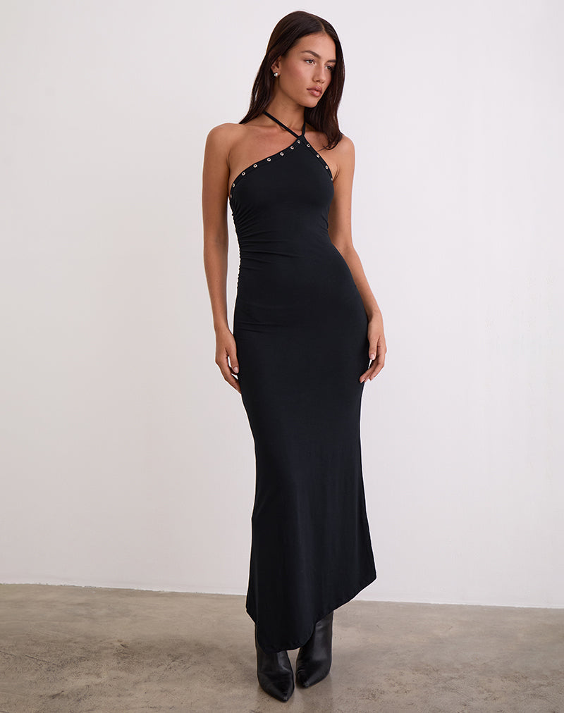 Image of Ishikawa Asymmetrical Maxi Dress with Eyelets in Black