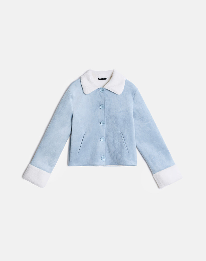 Image of Jano Jacket in Faux Suede Blue with Borg