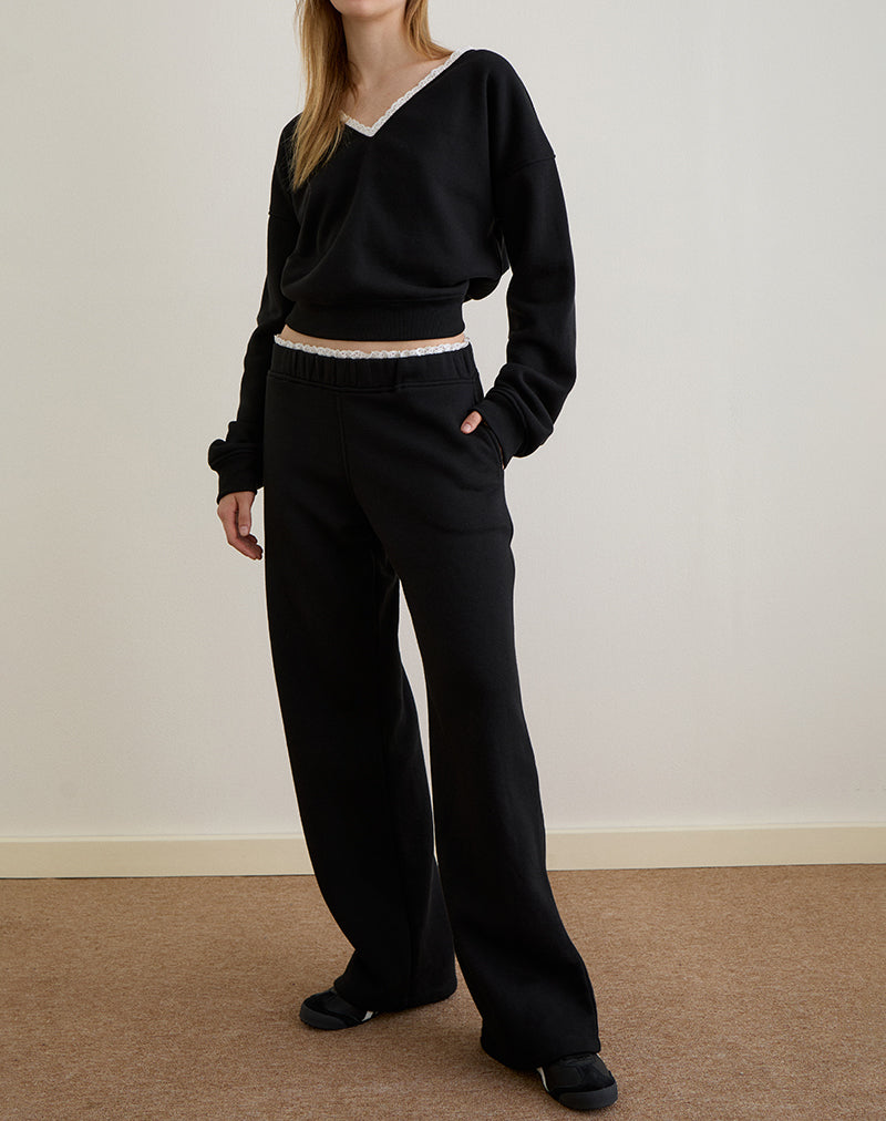 Image of Jenita Loose Jogger in Black with White Picot Trim