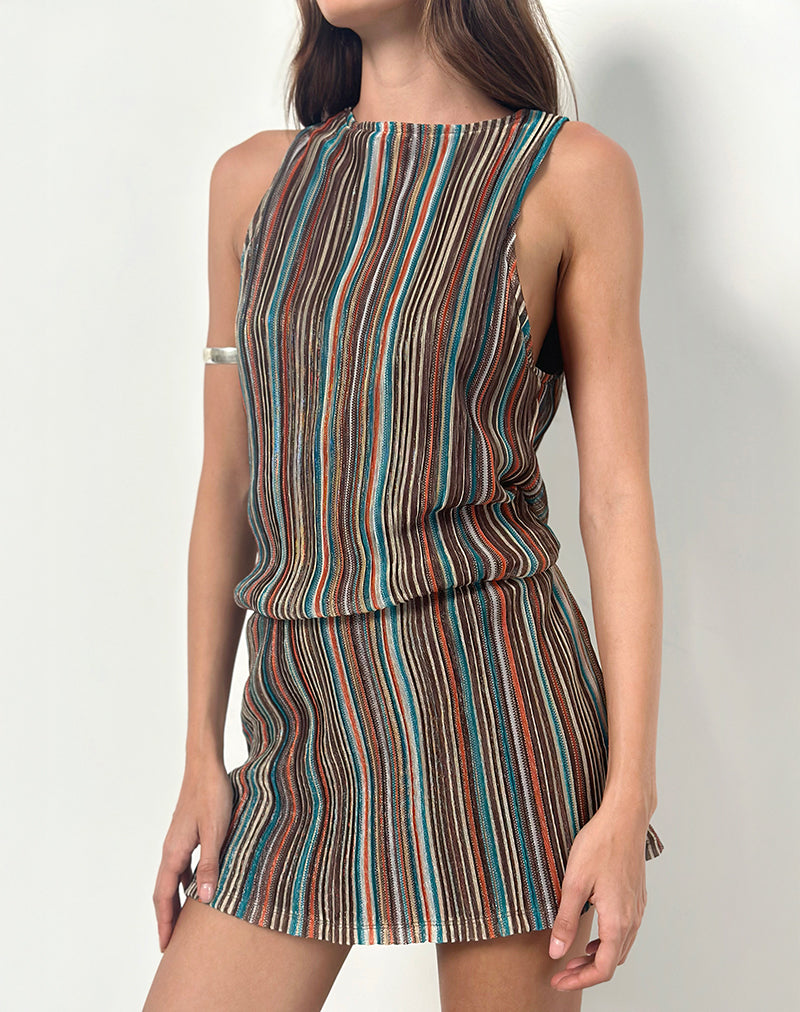Image of Jhani Mini Dress in Shimmer Plisse Blue and Brown
