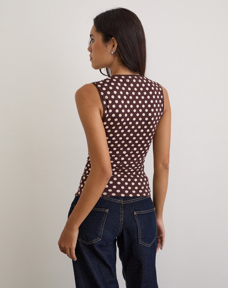Image of Jinalo Sweetheart Top in Brown with Small Cream Polka Prints