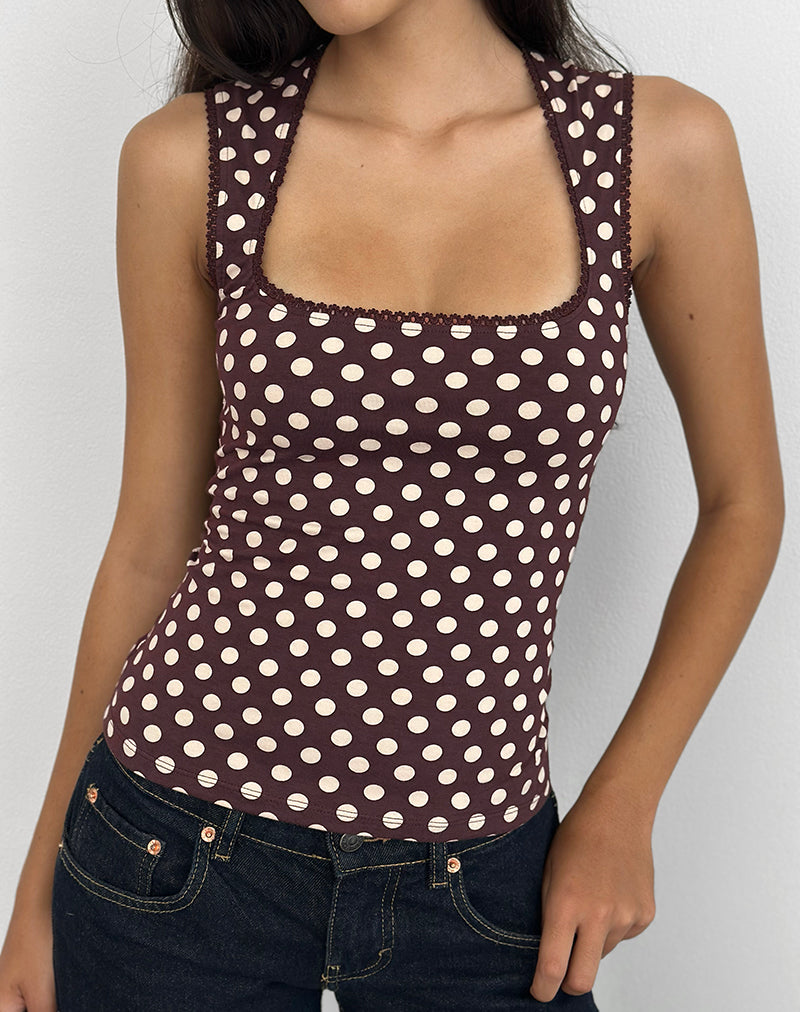 Image of Jinalo Sweetheart Top in Brown with Small Cream Polka Prints