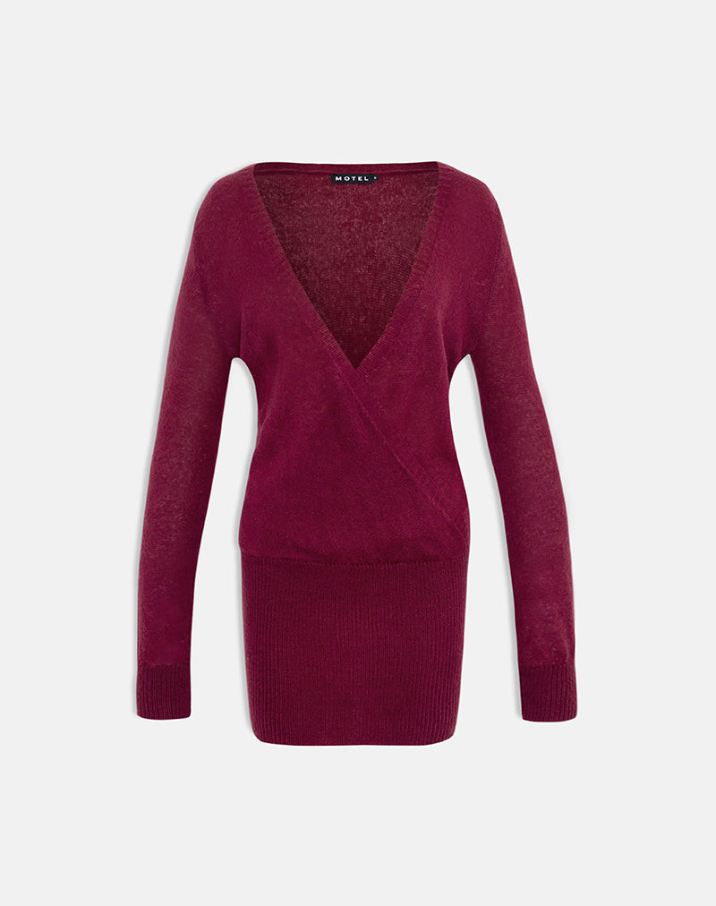 Image of Junbi Wrap Mini Dress in Knit Wine