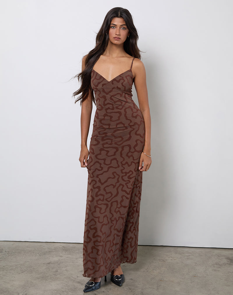 Image of Kalana Maxi Dress in Brown Swirl Flock