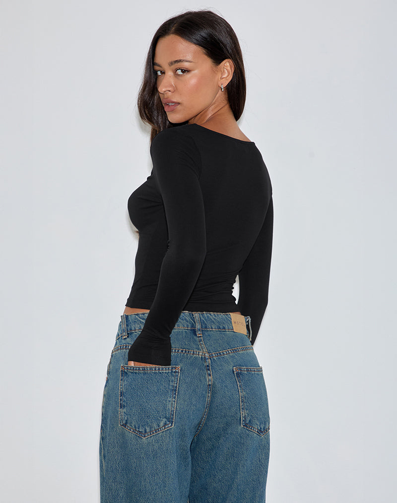 Image of Kamisu Long Sleeve Keyhole Top in Black