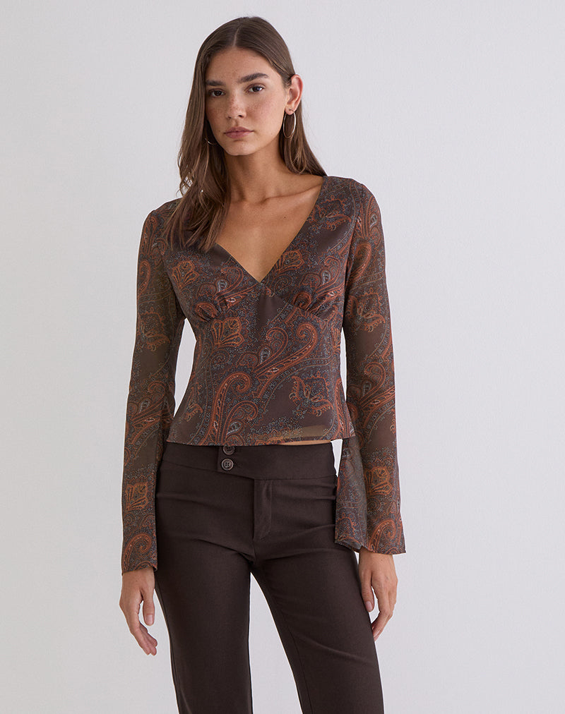 Image of Karilo Long Sleeve Top in Chiffon Royal Paisley Burgundy